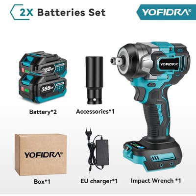 YOFIDRA Borstelloze Elektrische Slagmoersleutel 5 Versnellingen 1/2'' Draadloze Schroevendraaier Autoreparatie Elektrisch Gereedschap Voor Makita 18V Accu 2 Battery-EU