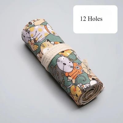12/24/36/48/72 Gaten Canvas Rol Etui School Studenten Benodigdheden Make-up Kwasten Opbergtas Leuke Katten Rol Etui Schrijfwaren 12 Holes gray