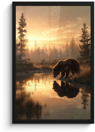 Poster in lijst - Fotolijst 40x60 cm - Posters - Beer - water - Bos - Ochtendlicht - Posterlijst zwart - Decoratie - Wanddecoratie woonkamer - Muurdecoratie slaapkamer