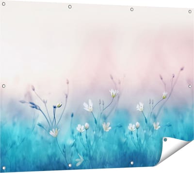 Gards Tuinposter Witte Bloemen op een Blauw Achtergrond - 120x90 cm - Tuindoek - Tuindecoratie - Wanddecoratie buiten - Tuinschilderij