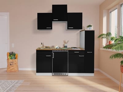 Goedkope keuken 180  cm - complete kleine keuken met apparatuur Luis - Wit/Zwart - elektrische kookplaat  - koelkast          - mini keuken - compacte keuken - keukenblok met apparatuur