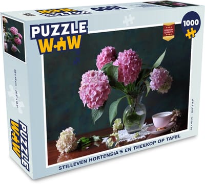 Puzzel Stilleven hortensia's en theekop op tafel - Legpuzzel - Puzzel 1000 stukjes volwassenen