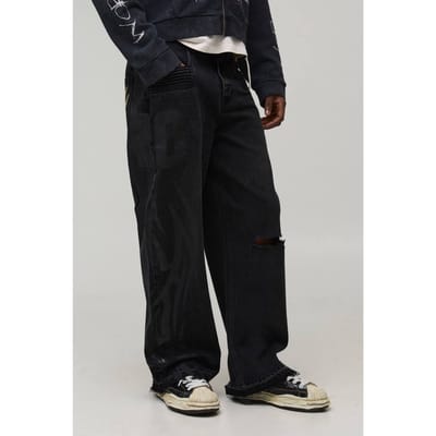Wijde pijpen gescheurde Moto Applique jeans | Washed Black | Size 32R
