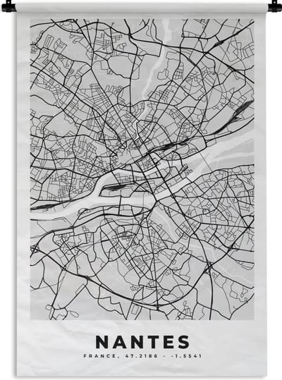 Wandkleed - Wanddoek - Kaart - Stadskaart - Nantes - Plattegrond - Frankrijk - 120x180 cm - Wandtapijt