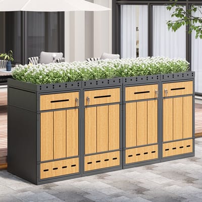 OKWISH Afvalcontainer Ombouw Voor 4 Containers 120 Tot 240 Liter - Met Plantbak Deksel, Ventilatiesleuven En Slot - Staal - Grijs Houtlook