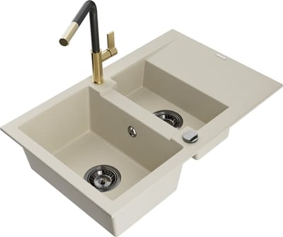 Mexen Gaspar granieten spoelbak 1,5-komorige met afdruipplaat en keukenmengkraan Flora, beige - 6507-69-670401-57-B