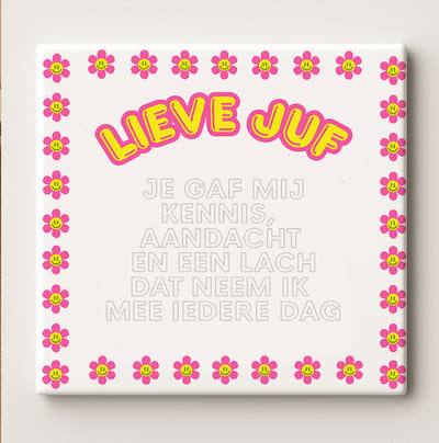 Lieve Juf Tegel 15x15 cm – Schattige Roze Bloemen Keramische Cadeautegel voor Juf, Perfect voor Einde Schooljaar of Lerarendag