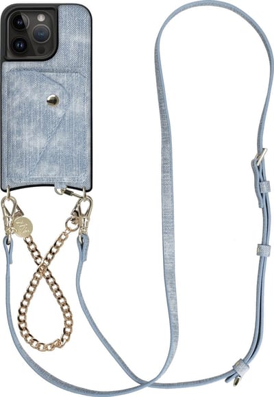 AVY Hoesje geschikt voor Apple iPhone 15 Pro | Met Koord en Kaarthouder | Compatibel met MagSafe | Kunstleren Case met Polsand & Crossbody Koord & Wallet | Gold Denim Set | Denim