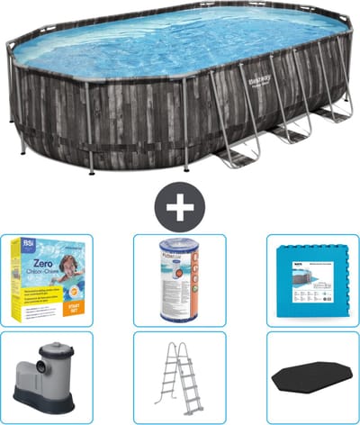 Bestway Ovaal Power Steel Zwembad - 610 x 366 x 122 - Grijs - Inclusief Pomp - Ladder - Afdekzeil Onderhoudspakket - Filter - Vloertegels