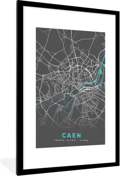 Fotolijst incl. Poster - Caen - Frankrijk - Kaart - Stadskaart - Plattegrond - 60x90 cm - Posterlijst