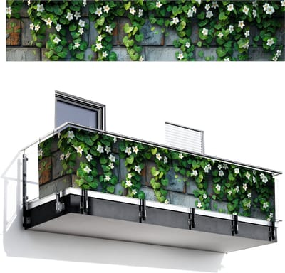 Balkonscherm 500x110 cm - Balkonposter Klimop - Groen - Stenen - Wit - Grijs - Balkon scherm decoratie - Balkonschermen - Balkondoek zonnescherm