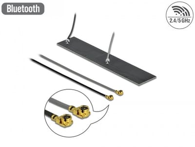 Delock WLAN 802.11 ac/ax/a/h/b/g/n Twin Antenna 2 x I-PEX Inc., MHF® I plug 2.2 – 4.0 dBi 2 x 15 cm PCB internal self adhesive