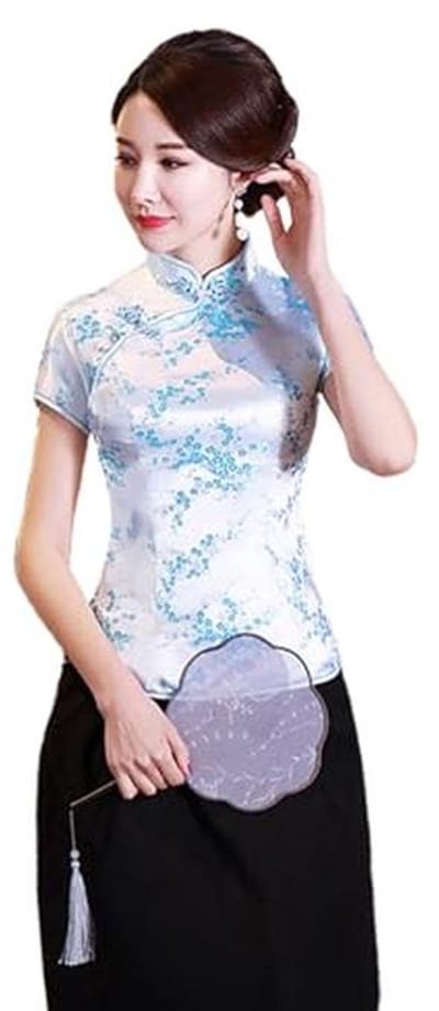 Etnisch Cheongsam Damesshirt met Korte Mouwen en Pruimenprint