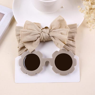 Without Lemon - Zonnebril en Haarband Strikje kinder set - Zomer - Trendy - Mode Must-haves - Cadeau Set - Vakantie - 0 tot 5 jaar -Beige