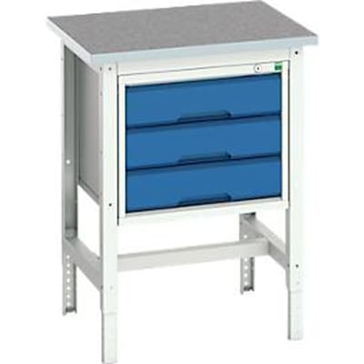 Bott verso werkbank, linoleum bovenblad, met dwarsverbinderset, 3 laden, B 700 x D 600 x H 780 - 930 mm, lichtgrijs / gentiaanblauw