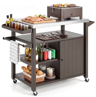 COSTWAY Grillwagen voor buiten, grilltafel op wielen, serveerwagen met roestvrijstalen werktafel, 3 planken, kast, kruidenrek en handvat, bijzettafel voor barbecue, achtertuin, terras, metaal, bruin