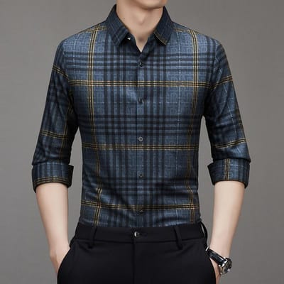Shirt met lange mouwen Heren Losse Lente en Herfst Nieuw Heren Ruitjesshirt Strijkvrij Stretchshirt L gray