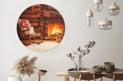WallCircle - Wandcirkel - Muurcirkel - Winter - Kerst - Huis - Openhaard - Aluminium - Dibond - 120x120 cm - Binnen en Buiten XXL