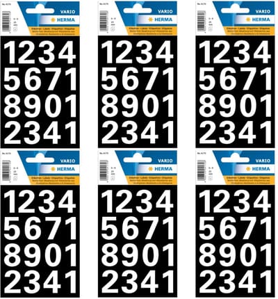 Herma Stickervel nummers - cijfers / getallen - 0 t/m 9 - 6x vellen - wit - 25 mm - watervast
