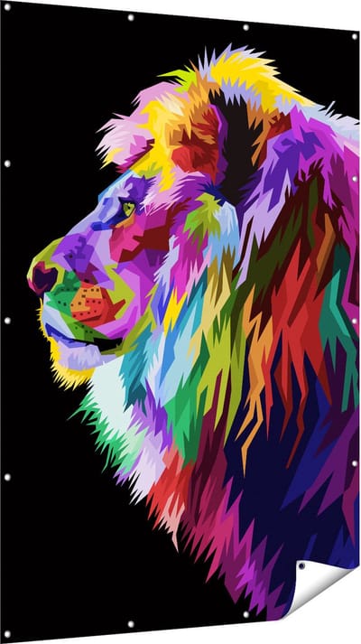 Gards Tuinposter Gekleurde Leeuw - Abstract - Kleur - 120x180 cm - Tuindoek - Tuindecoratie - Wanddecoratie buiten - Tuinschilderij