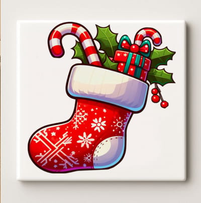 Kerstsok Keramische Tegel – Feestelijke Kerst Illustratie Wanddecoratie – Winter Woondecoratie – 15 × 15 cm