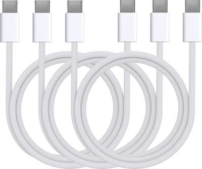 3x USB C naar USB C Nylon Gevlochten Kabel Wit - 1 meter - Oplaadkabel voor iPhone 16 / 16 PLUS / 16 PRO / 16 PRO MAX / 15 / 15 PLUS / 15 PRO / 15 PRO MAX