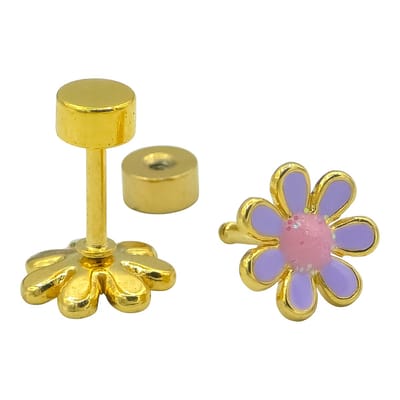 Oorbellen meisje - Hypoallergeen - Verguld staal - Goudkleurig met paarse bloem - 8 mm
