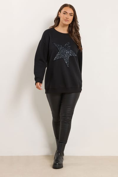 Yours Zwarte Sweatshirt Met Pailletten Versierde Sterren Size 48
