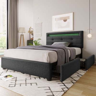Zubaliya Polsterbed - 90x200 cm Grijs - LED - Verstelbaar Kopteinde - 2 Laden