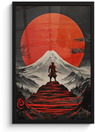 Poster in lijst - Fotolijst 40x60 cm - Posters - Krijger - Rode trappen - Zon - Berg - Posterlijst zwart - Decoratie - Wanddecoratie woonkamer - Muurdecoratie slaapkamer