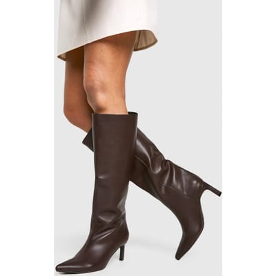 boohoo Dames Textuurrijke Kolom Laarzen met Lage Hak en Kniehoogte | Chocolate | Maat: 8