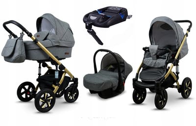 BabyLux® Kinderwagen 4in1 – SKY LARK - Grey Flex GOLD FRAME - Opklapbare Wandelwagen incl. Reiswieg, Multifunctionele Buggy Sportstoel, Autostoel, ISOFIX basisstation - Combi-kinderwagen met Luiertas, Regenhoes, Klamboe