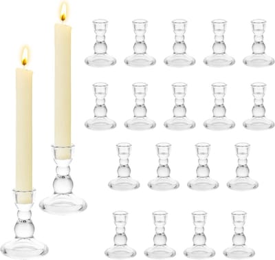 SnelShoppen - 20x Glazen Kaarsenstandaard Taper Houder - 9cm Hoog - Elegante Kaarsenhouders voor Bruiloft, Feest, Kerst, Tafel Decoratie - Geschikt vo