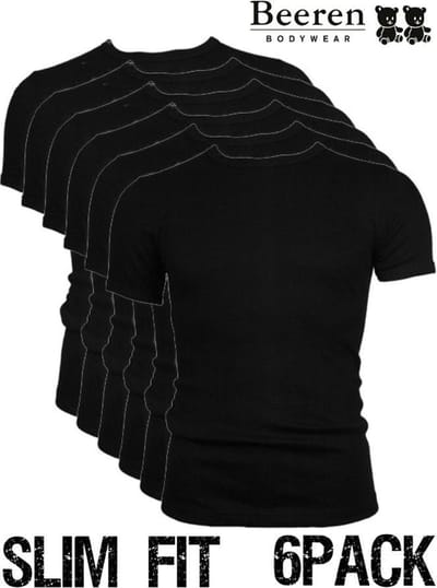 Beeren heren T-Shirt - Ronde Hals - maat M - 6-Pack - Zwart - Slim Fit