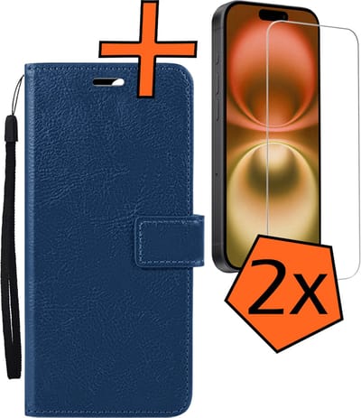 Hoes - Met 2x Screenprotector - Geschikt voor Apple iPhone 16 - Luxe Pasjeshouder - Bookcase Portemonee - Flip Case - Kunstleer Book Case - Flipcase Hoes - Book Cover - Walletcase - PortemonneeHoes - Donkerblauw