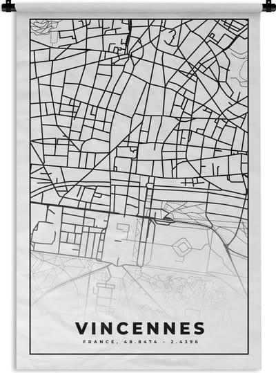 Wandkleed - Wanddoek - Plattegrond – Kaart – Frankrijk – Vincennes - Stadskaart - Zwart wit - 120x180 cm - Wandtapijt