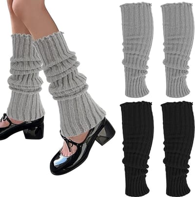 Famanu - Gebreide thermische beenwarmers, punkstijl, zwart, lange sokken