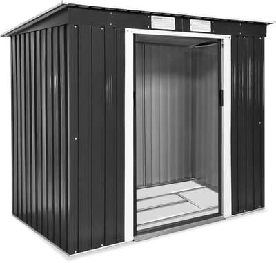 tectake® Metalen Tuinhuis met Schuin Dak - Tuin Gereedschapsschuur met Schuifdeur - Schuur met metalen Fundering - Tuinhuis - Fietsengarage - 4 m³ Opslagruimte - grijs/wit
