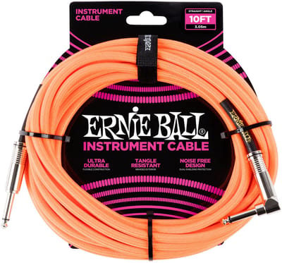 Ernie Ball Braided - Instrumentkabel - Jack Recht/Haaks - 3 Meter - Neon Oranje/Zwart - Dubbelgeleider - Gevlochten Mantel