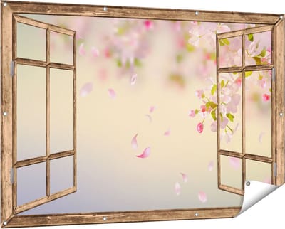 Gards Tuinposter Doorkijk Appelbloesem - Bloemen - 150x100 cm - Tuindoek - Tuindecoratie - Wanddecoratie buiten - Tuinschilderij