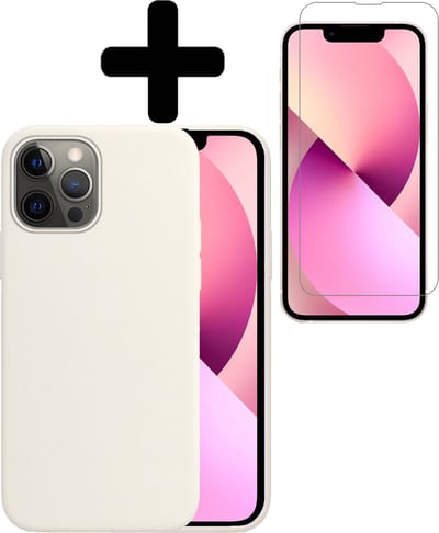 Hoesje - Met Screenprotector - Geschikt voor Apple iPhone 14 Pro - Sterk & Shockproof - Back Cover - Siliconen Case - Telefoon Hoes - Telefoonhoesjes - Wit