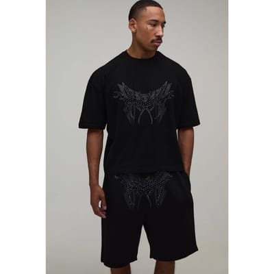 Oversized Boxy T-shirt Met Studs & Relaxed Short Set | Black | Size XS