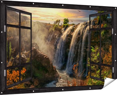 Gards Tuinposter Doorkijk Watervallen vanaf de Kliffen - 180x120 cm - Tuindoek - Tuindecoratie - Wanddecoratie buiten - Tuinschilderij