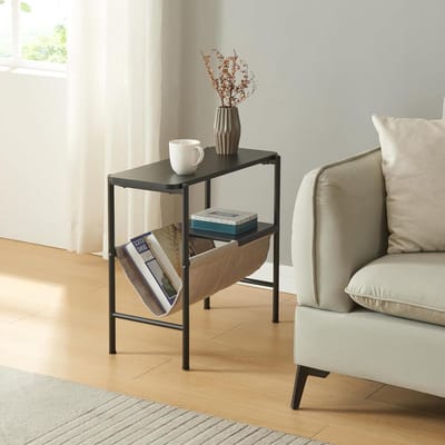 [en.casa] Bijzettafel Samnanger salontafel met plank stof decoratieve tafel met metalen frame 60x28x53 cm zwart en grijs