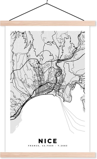Posterhanger incl. Poster 40x60 cm - Schoolplaat - Kaart - Frankrijk - Stadskaart - Plattegrond - Nice - Textielposter - Blanke latten - Stadskaart