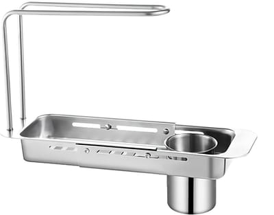 Dailygoods- Zeefmandje Uitschuifbaar 32-44 cm - Roestvrij Stalen Afdruiprek - Verwijderbare Filtercartridge - Antislip Houder - Intrekbaar Ontwerp - Afvoerrek