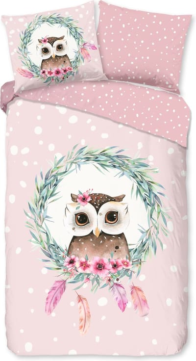 Good Morning dekbedovertrek uil en veren - 1 persoons 140x200/220 cm - Roze - 100% Katoen renforce