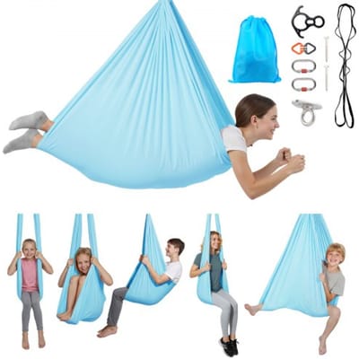VEVOR Aerial Yoga Hangmat, max. draagvermogen 136,07 kg, yogaschommel met nylon stof, daisy rope en PE-tas met ritssluiting, multifunctionele gymnastiekschommel voor anti-zwaartekrachtoefeningen, blauw