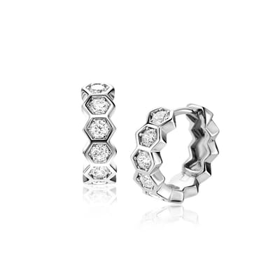 ZINZI zilveren luxe oorringen met zeshoeksvormen bezet met witte zirkonia's en klapsluiting ZIO2543 - 15mm