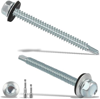 Set van 50 zelftappende schroeven 4.8 x 55 mm, trapeziumplaten schroeven met afdichtring en M8 hex bit set voor galvaniseren en boren